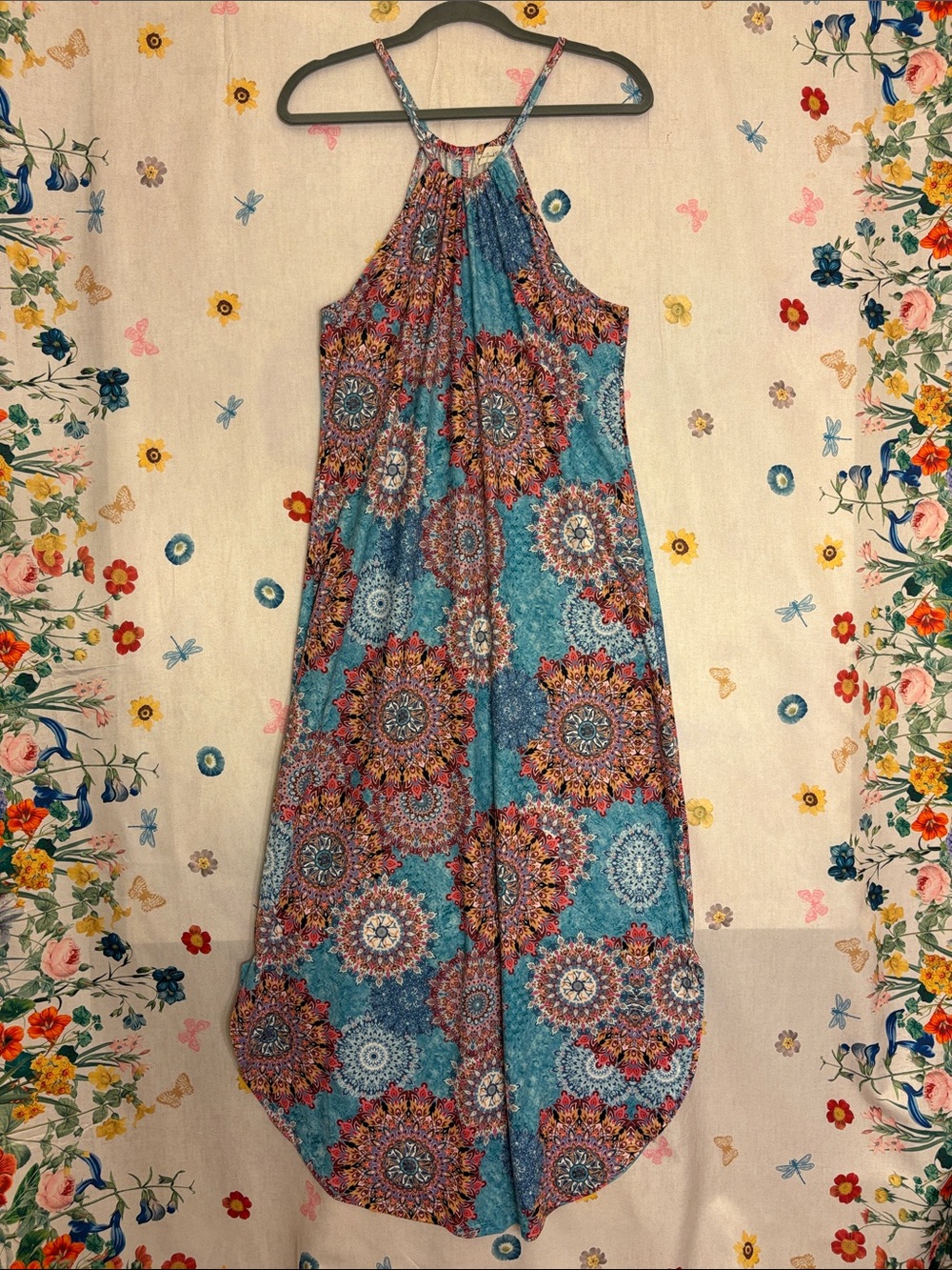 For G and PL - Summer Boho Halter Maxi Dress in Teal Medallion